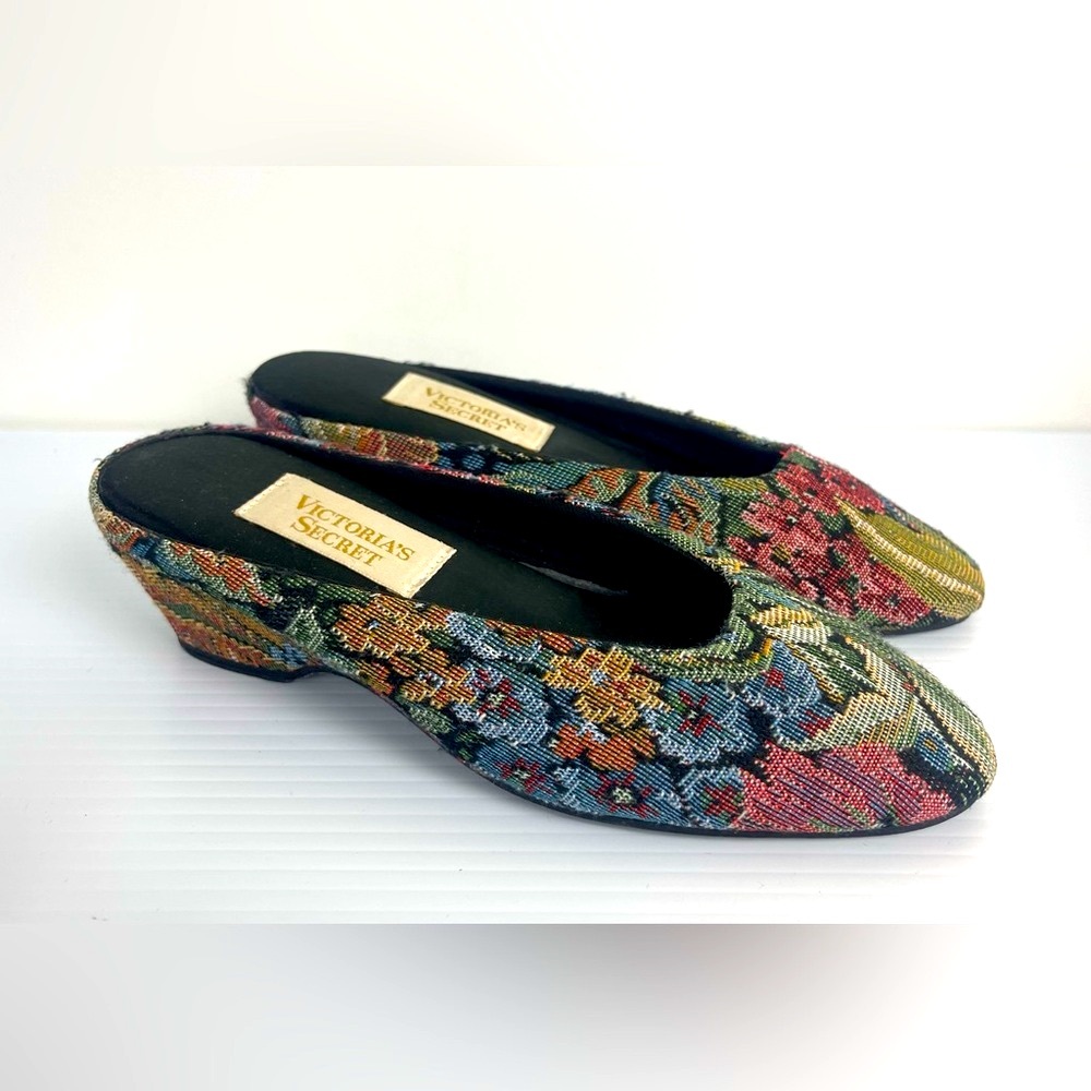 Vintage Victoria Secret Fabric Leather Gold Label Slip On Mule Floralcore Sz 5/6